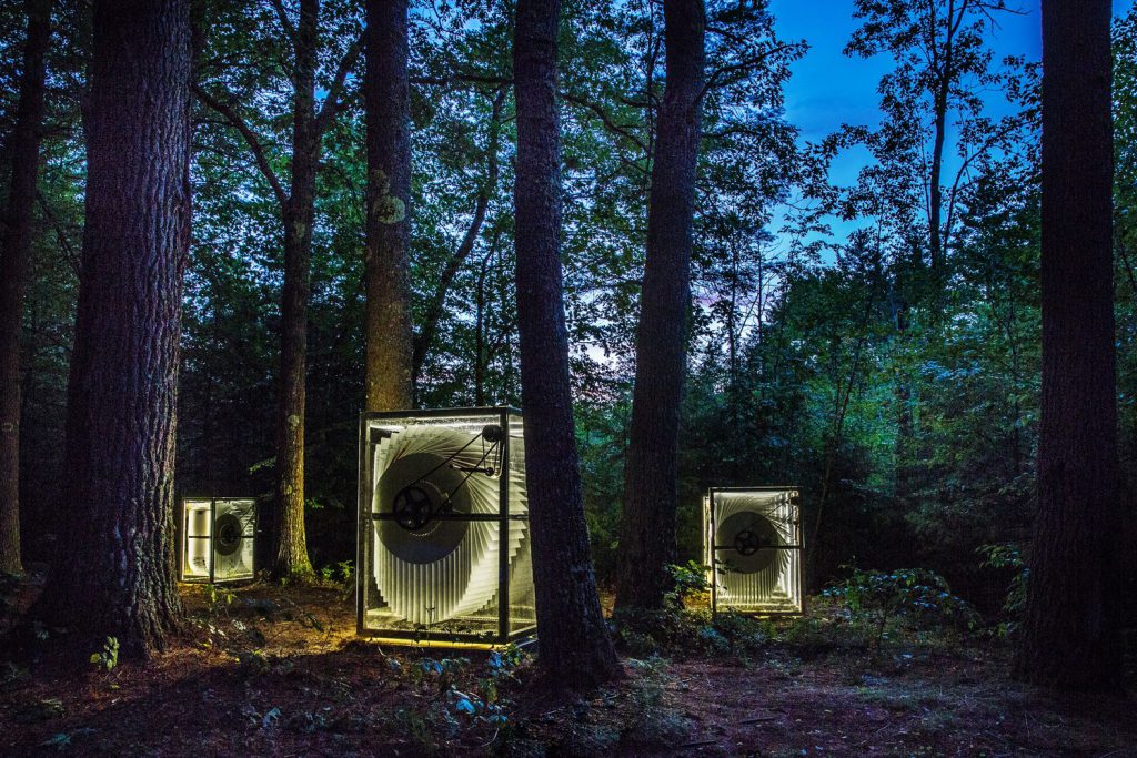 new-hampshire-woods-nighttime-three-giant-flipbooks-transparent-glowing-LEDs