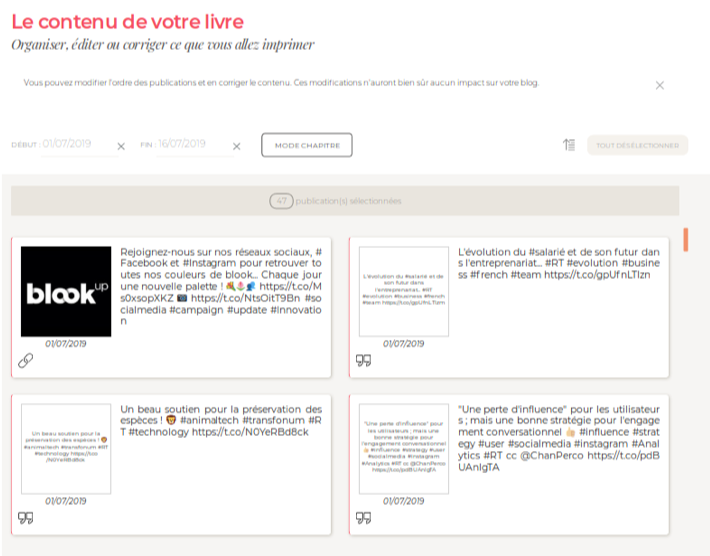 Content selection for the Twitter book from the blookup platform